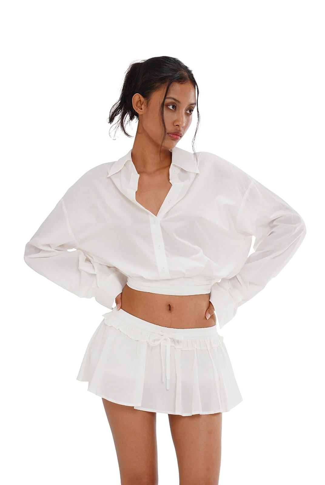 SweetChilling Ruffled Drawstring Mini Skirt in White - On Female Model