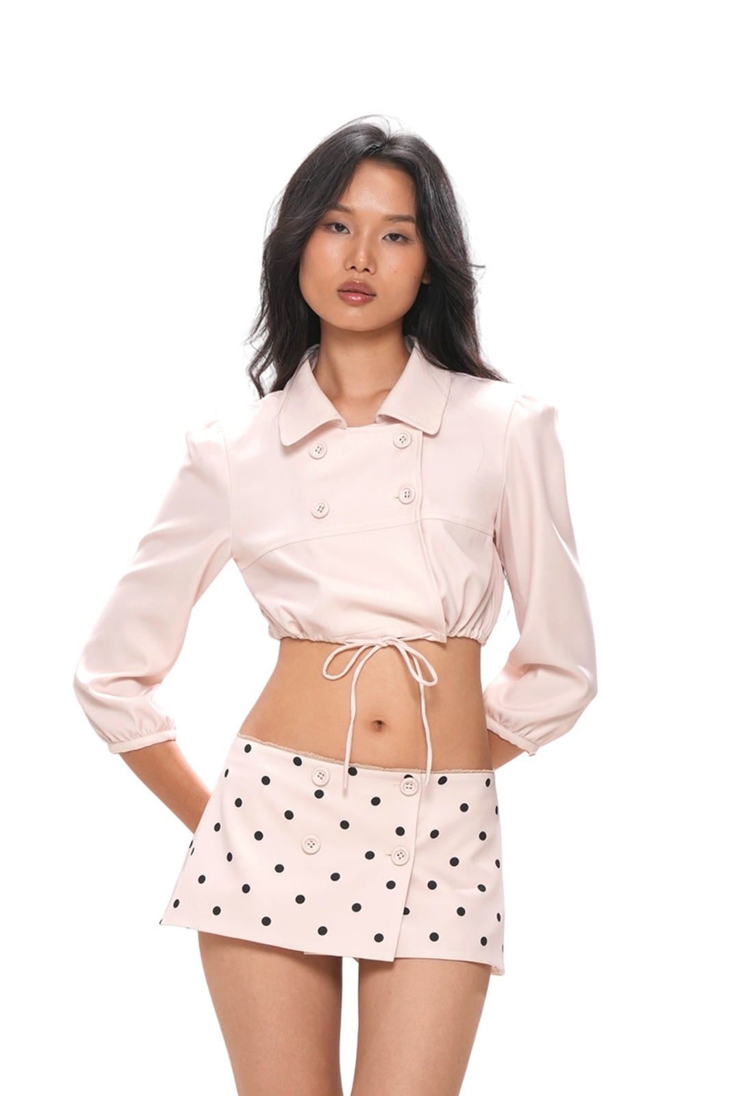 SweetChilling Double Breasted Polka Dot Mini Skirt in White - On Female Model