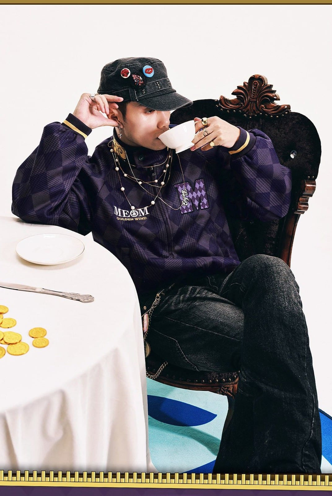 MEDM Embroidered JoJo Plaid Bomber Jacket in Purple - On Male Model