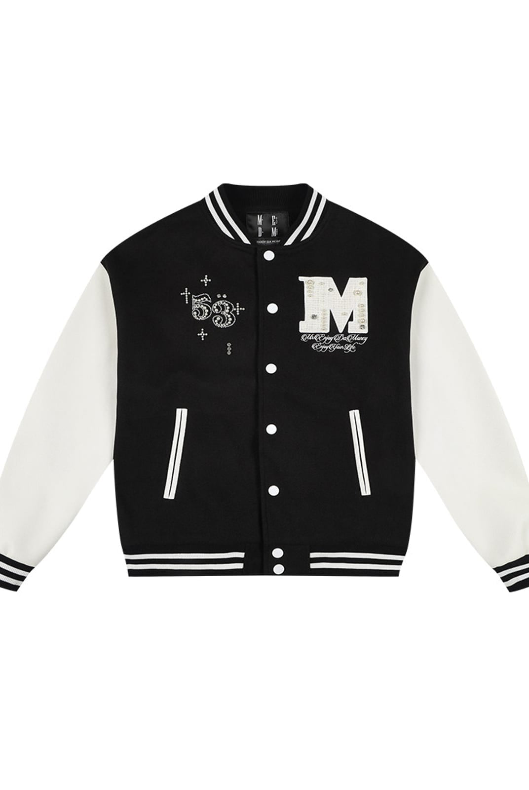 MEDM Pearl Embellished Varsity Jacket in Black