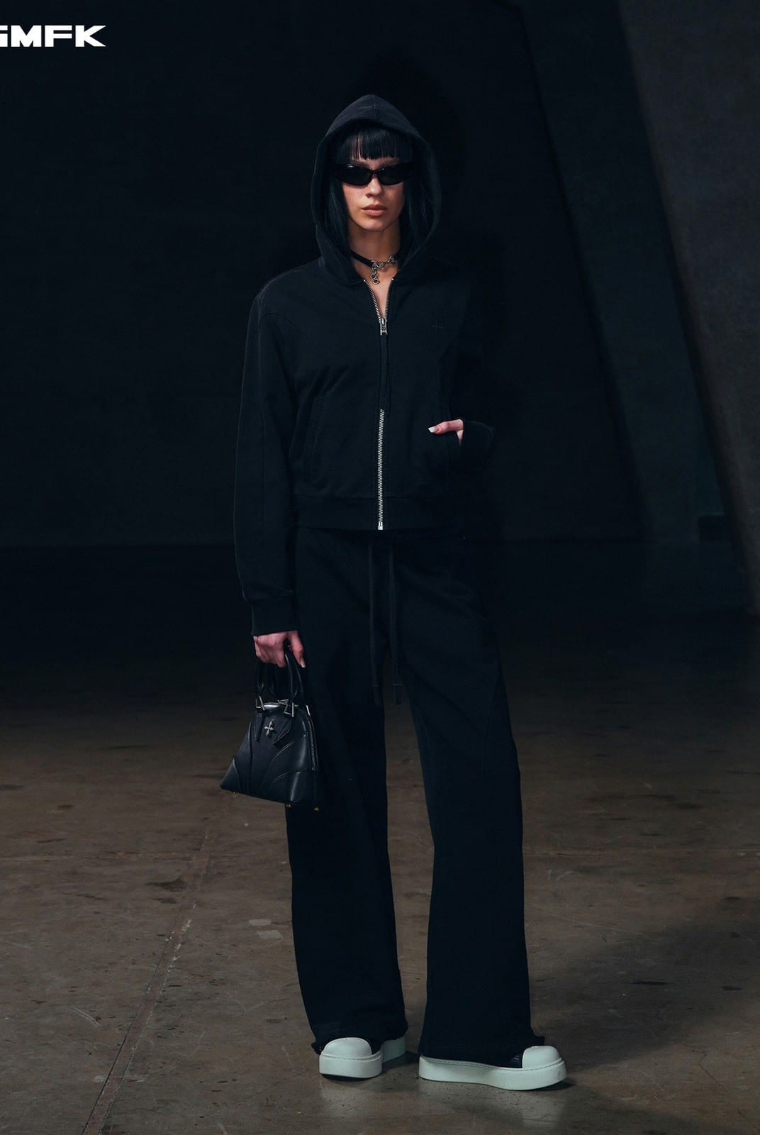 SMFK Embroidered Cropped Zip Up Hoodie in Black - On Female Model