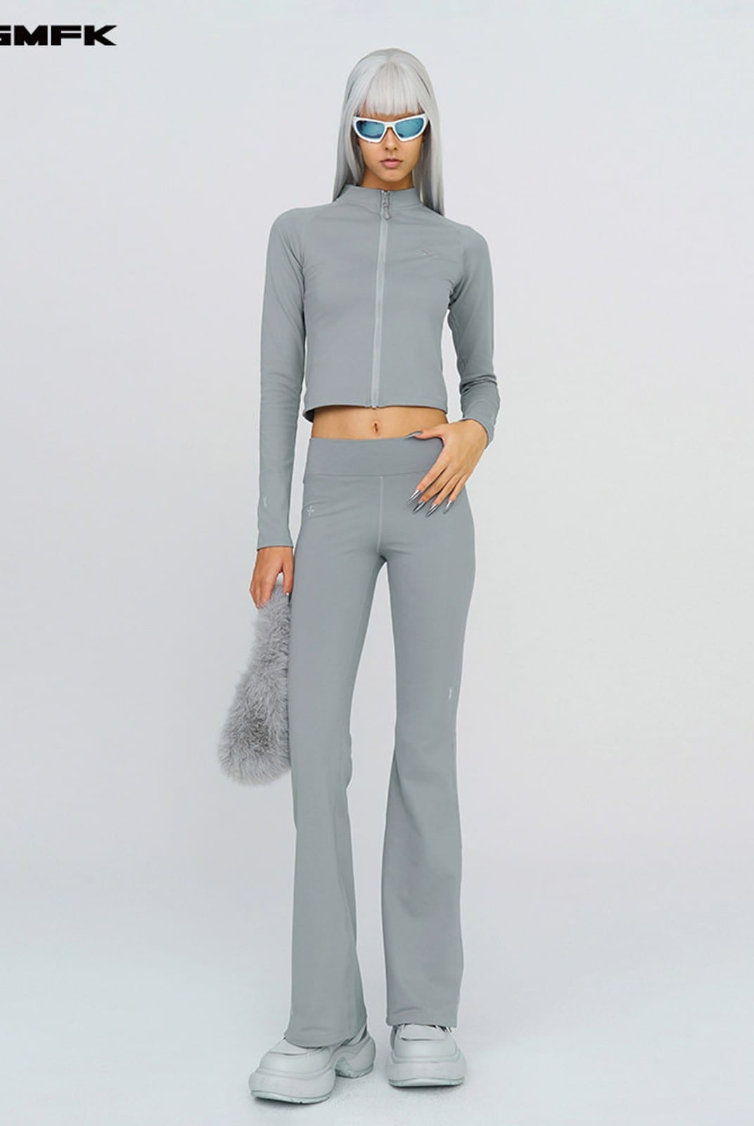 SMFK Brushed Fleece Zip Up Cropped Jacket in Gray - On Female Model