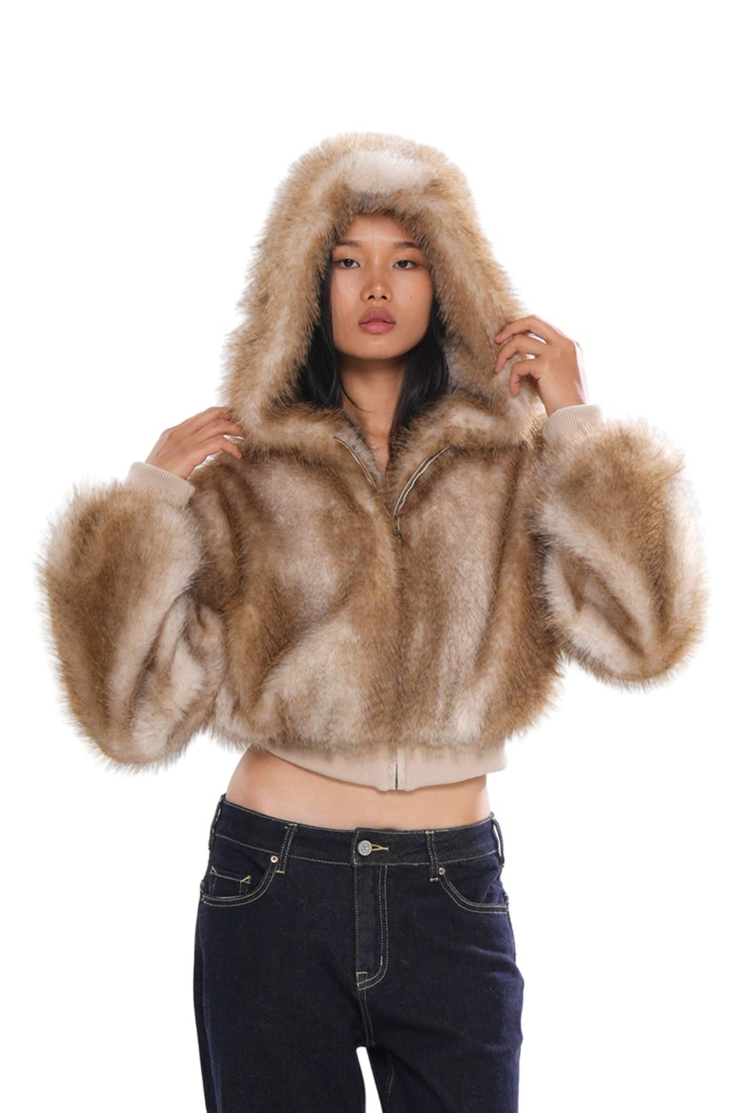 SweetChilling Faux Fur Hooded Cropped Jacket in Brown - On Female Model