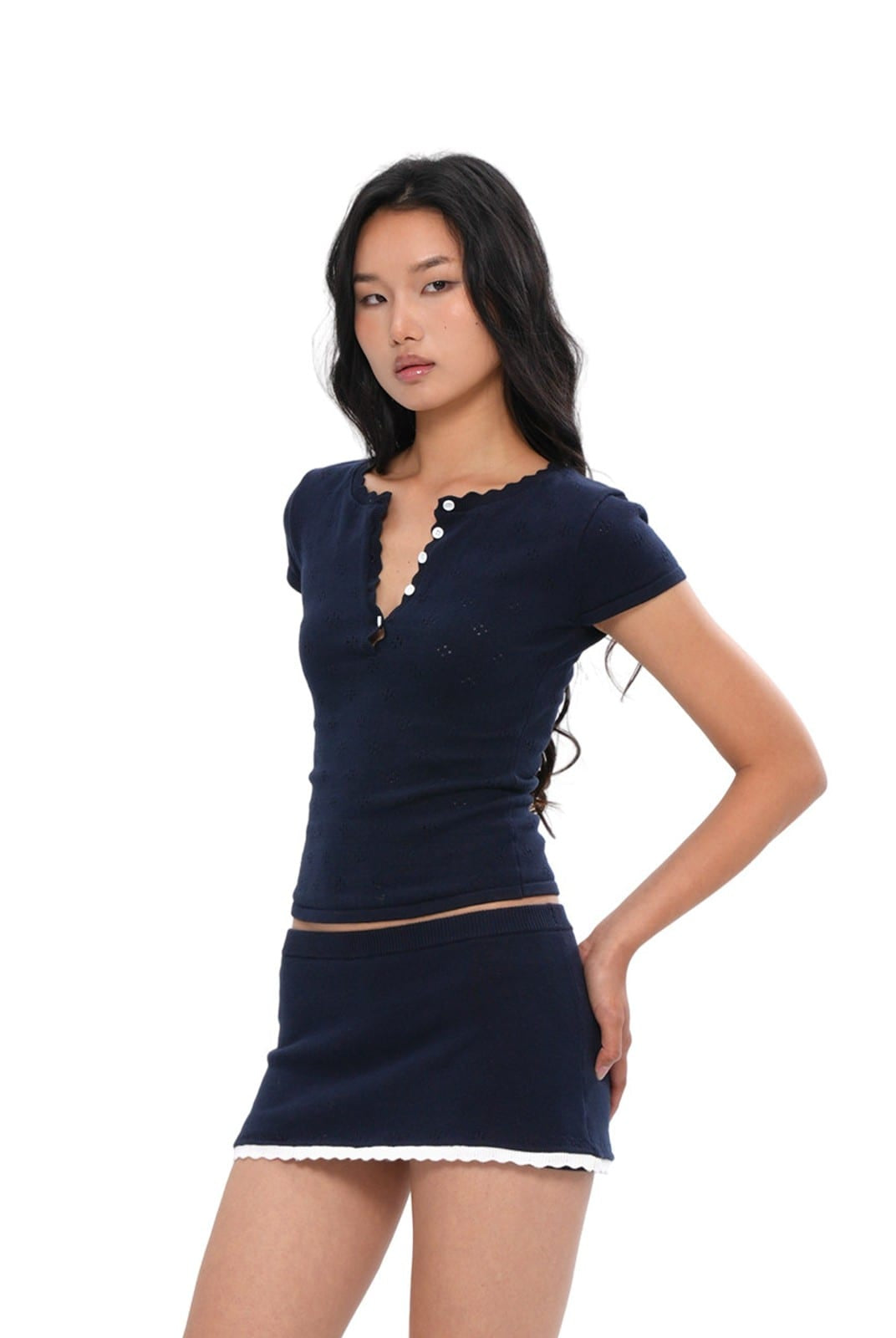 SweetChilling Scalloped Pointelle Knit Henley Top in Navy Blue - On Female Model