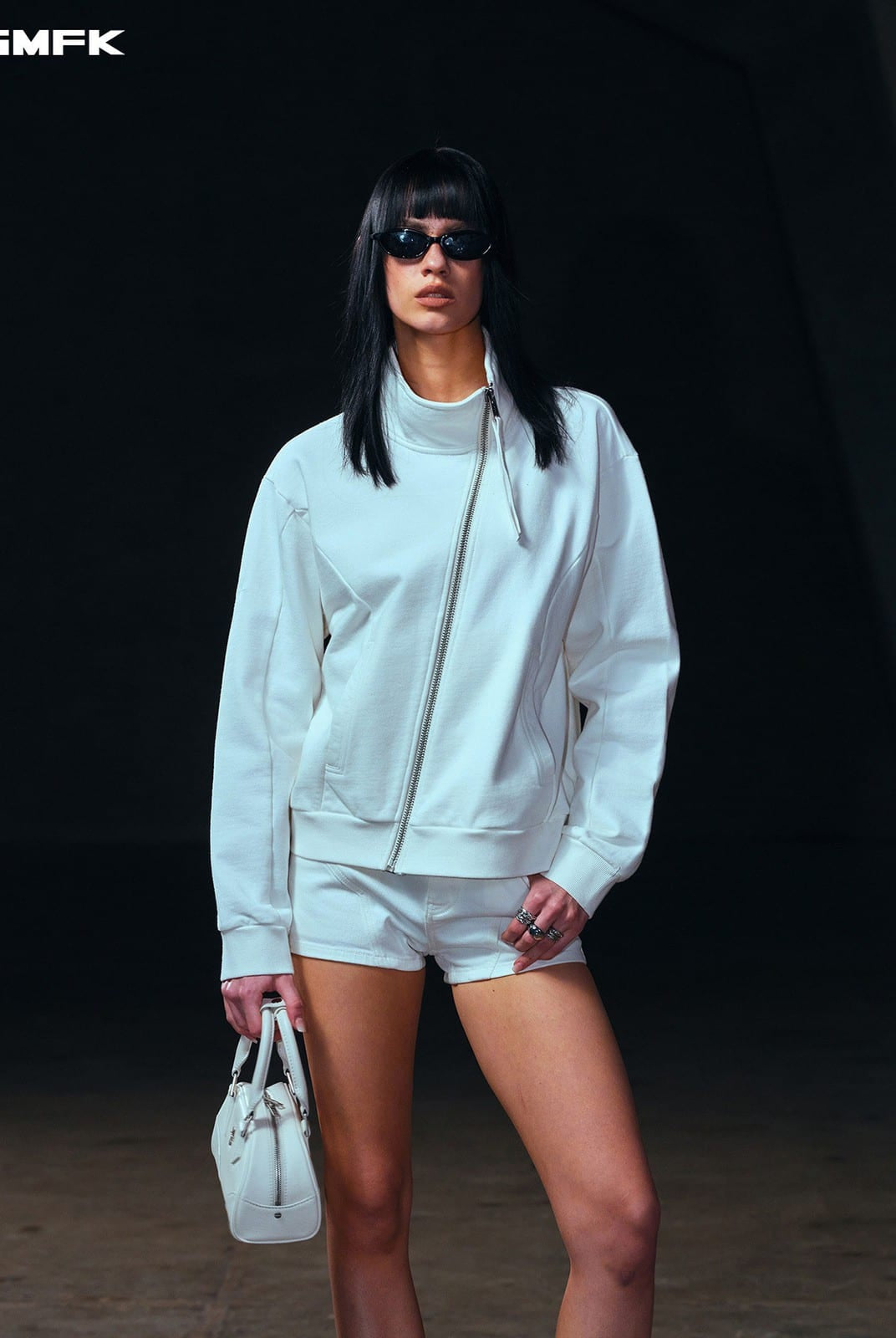SMFK Asymmetric Zip Cotton Track Jacket in White - On Female Model