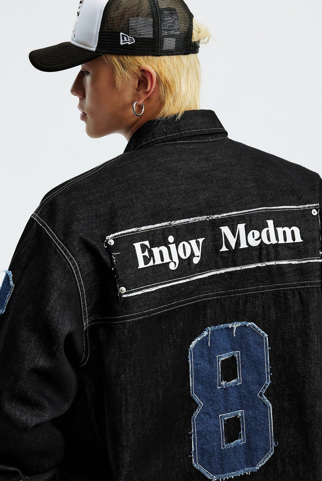 MEDM Lyocell Blend Logo Patch Denim Jacket in Denim - On Male Model