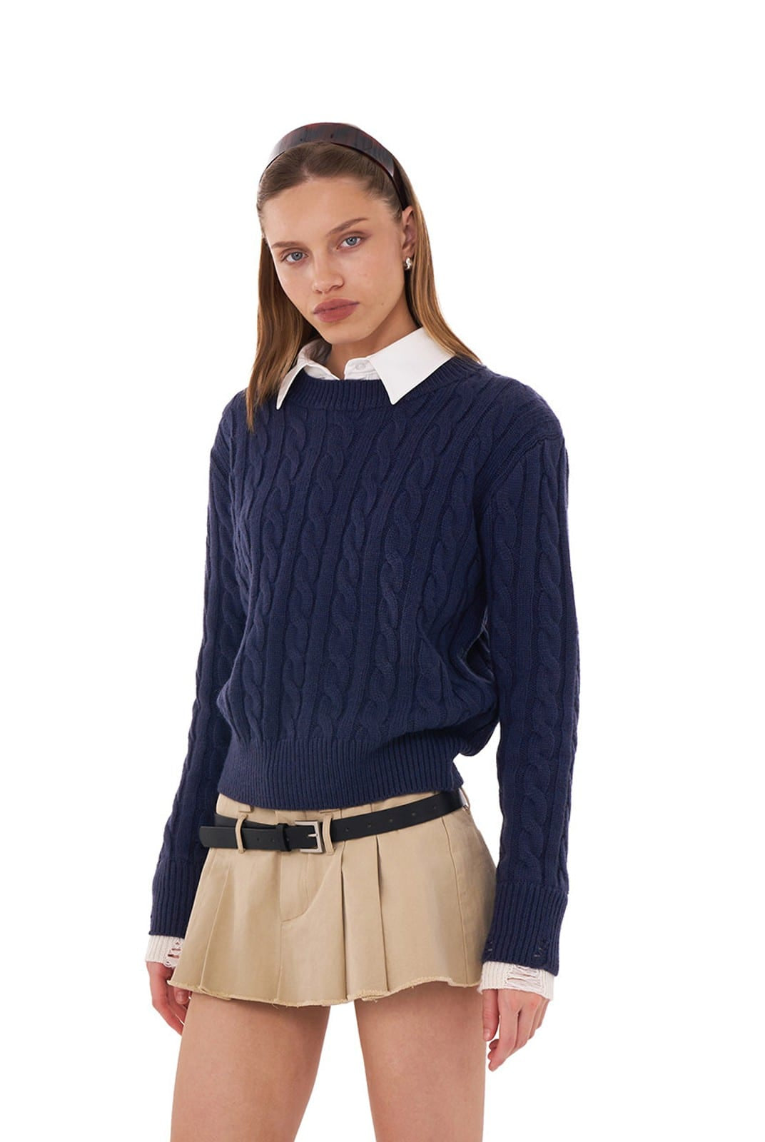 SweetChilling Contrast Cuff Cable Knit Sweater in Navy Blue - On Female Model