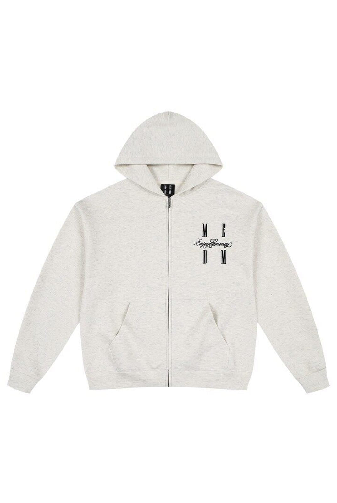 MEDM Embroidered Cotton Blend Zip Up Hoodie in Beige