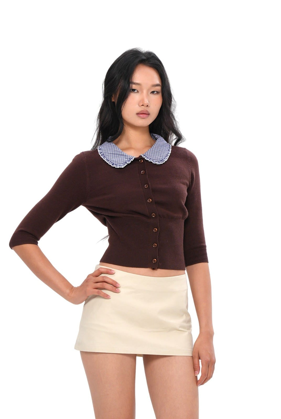 SweetChilling Structured Cotton Mini Skirt in Beige - On Female Model