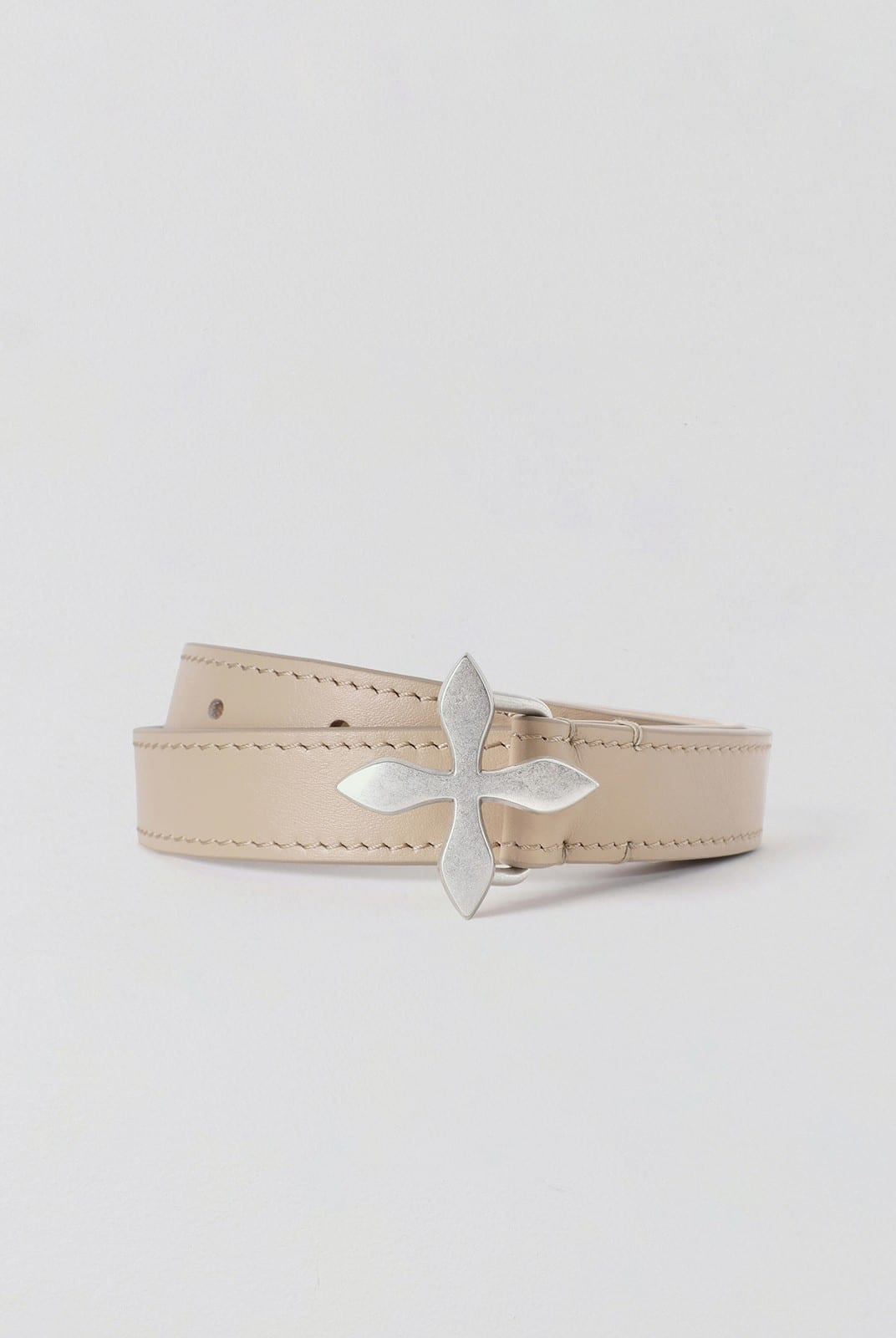 SMFK Slim Leather Belt with Cross Buckle in Beige