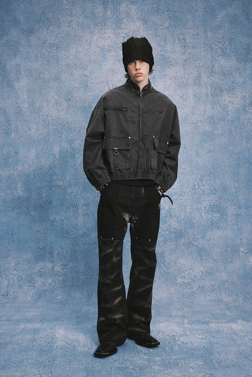 SOD Distressed Leather Collar Work Jacket in Blue - On Male Model