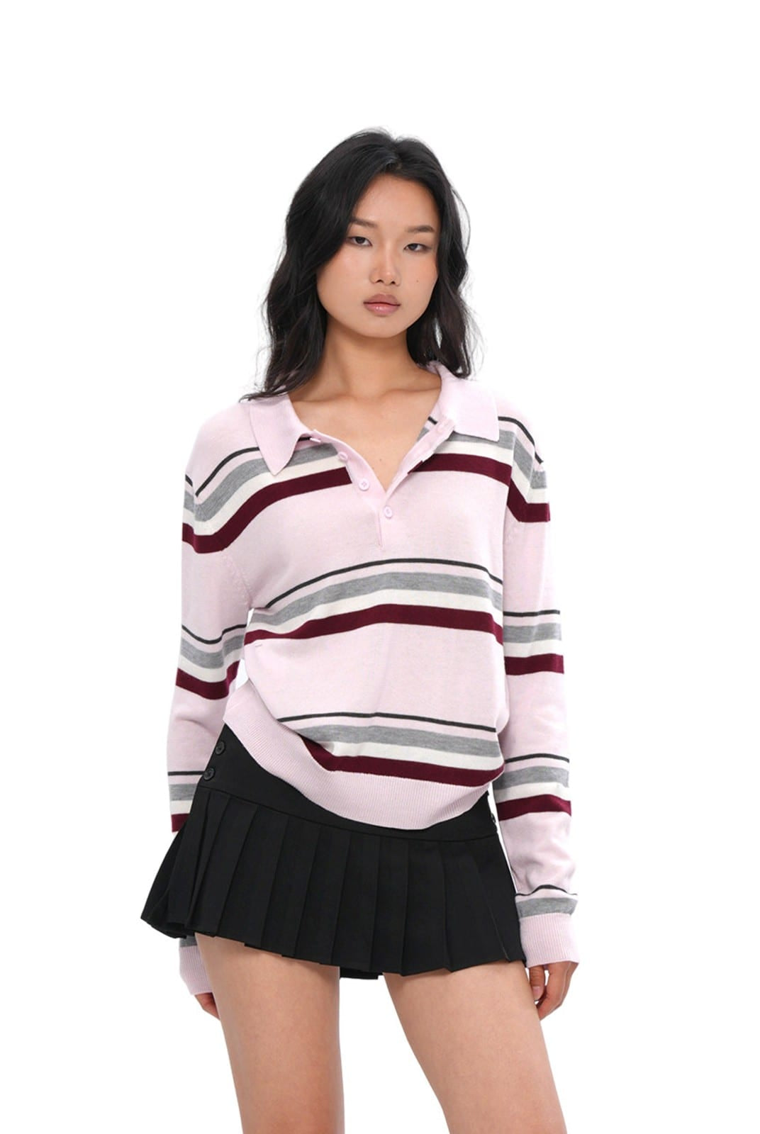 SweetChilling Striped Wool Blend Polo Sweater in Pink - On Female Model