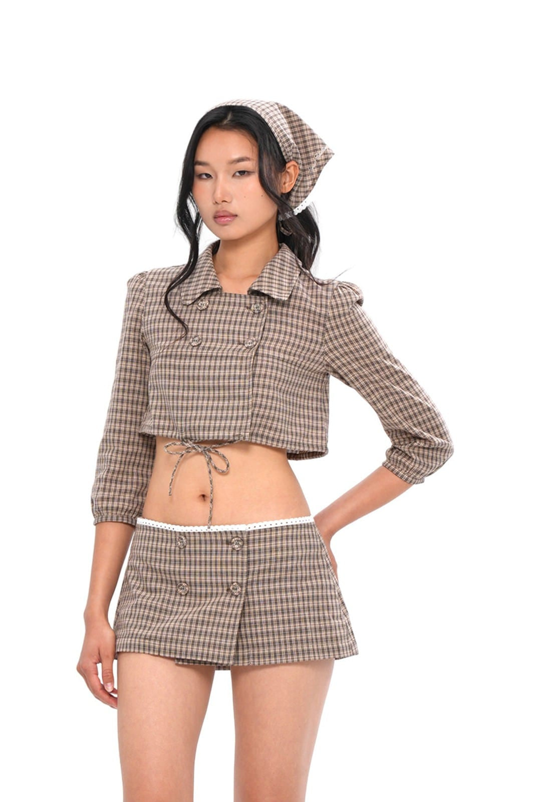 SweetChilling Plaid Lace Trim Double Breasted Shorts in Brown - On Female Model