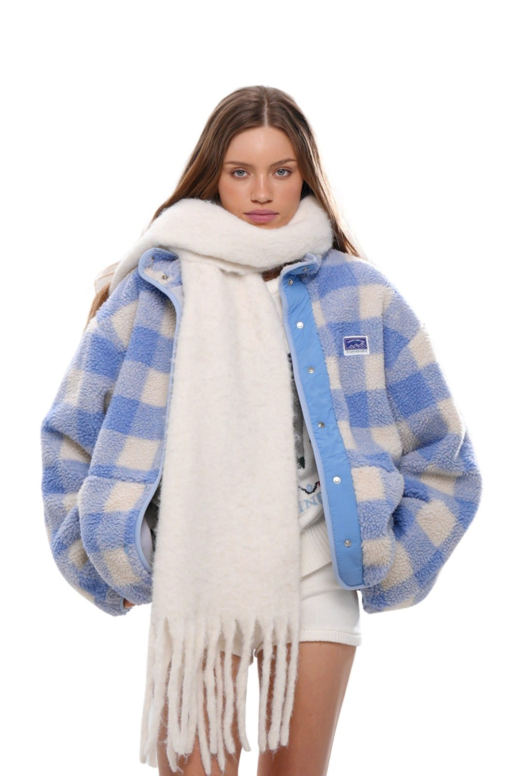 SweetChilling Double Layer Fleece High Collar Jacket in White - On Female Model