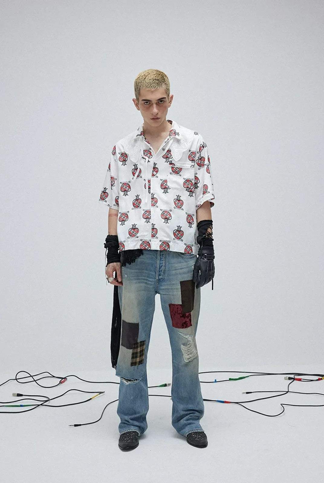 SOD Co. Patchwork Velvet Plaid Flare Jeans in Blue - On Male Model