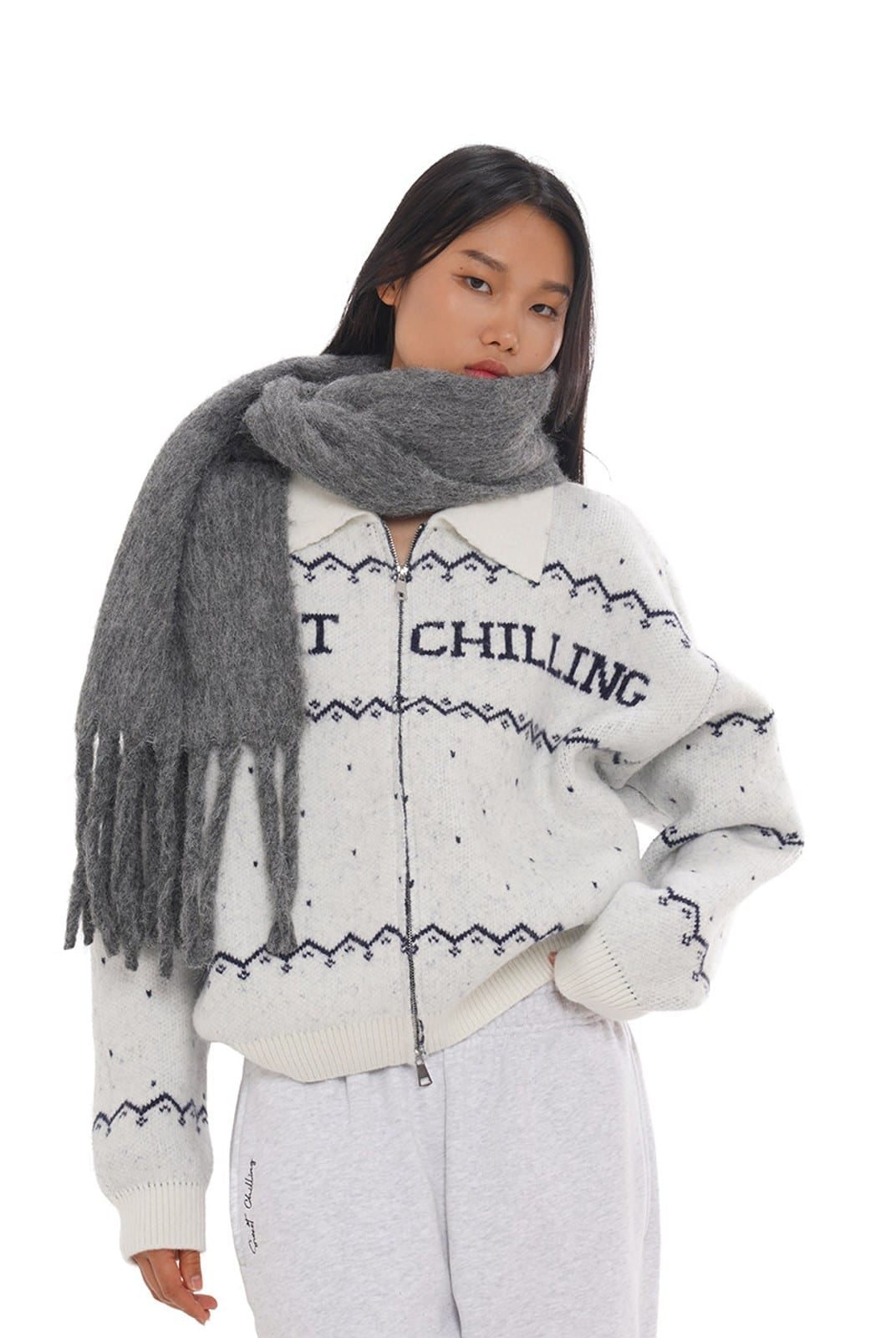 SweetChilling Fair Isle Zip Up Knit Jacket in White - On Female Model