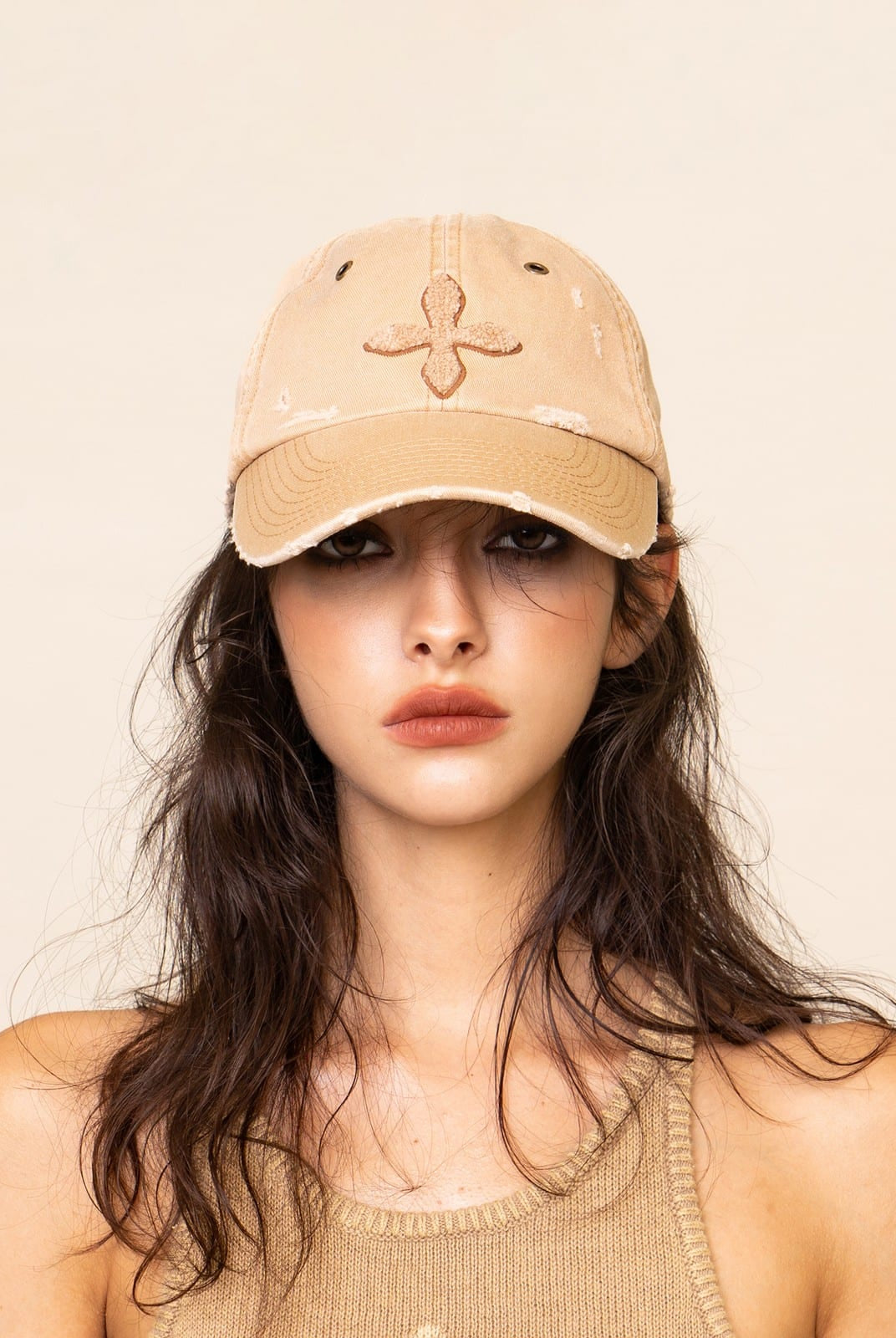 SMFK Distressed Cross Embroidered Baseball Cap in Beige - On Female Model