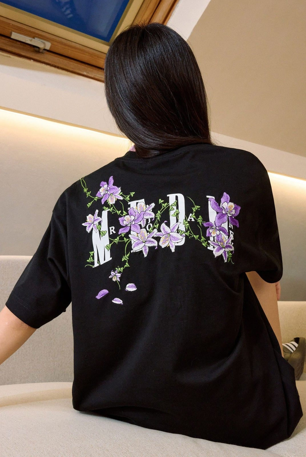 MEDM Floral Vine Embroidered T Shirt in Black - On Model
