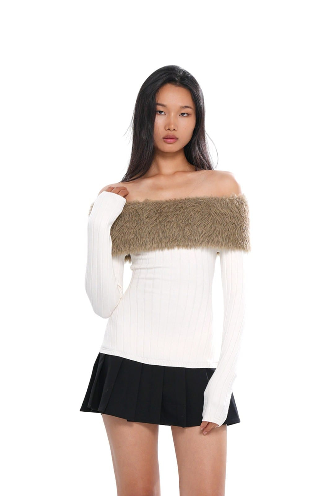 SweetChilling Fluffy Off the Shoulder Pleated Dress in White - On Female Model