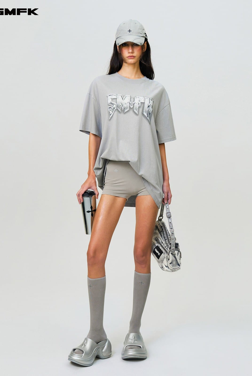 SMFK Metallic Logo Cotton T Shirt in Gray - On Female Model