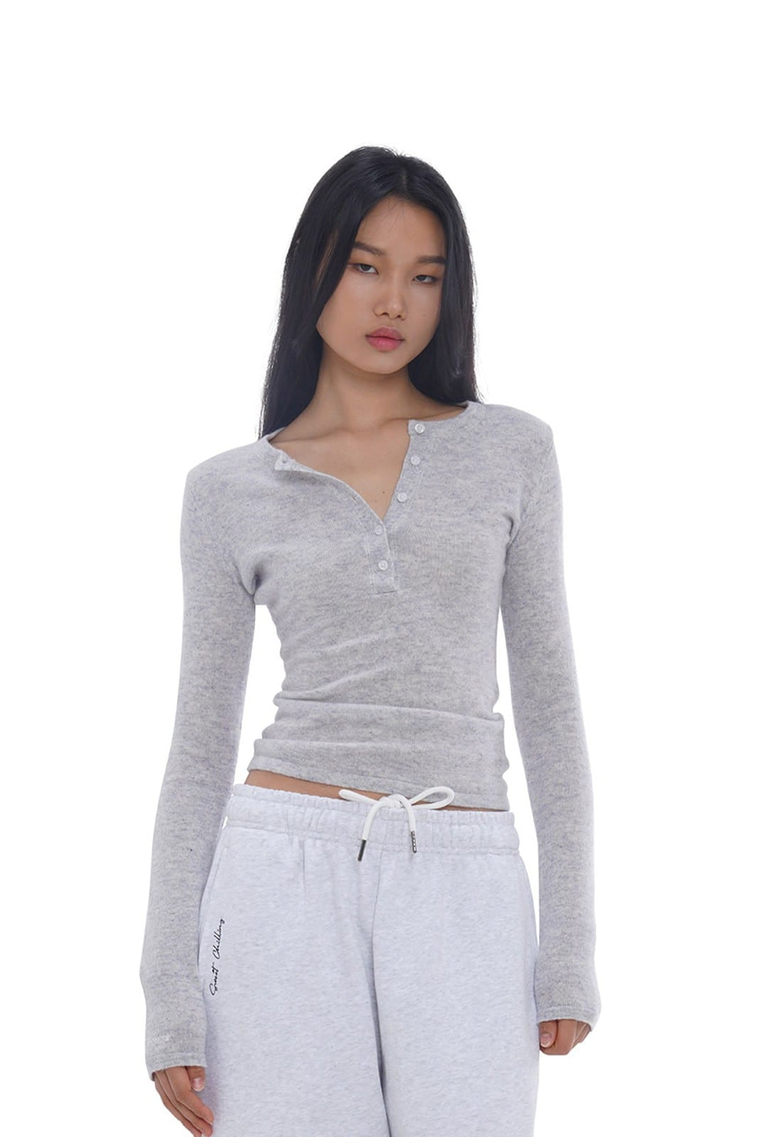 SweetChilling Wool Waist Cinching Sweater in Gray - On Female Model