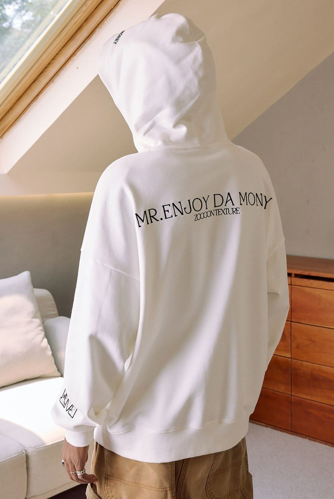 MEDM Animal Print Logo Pullover Hoodie in White - On Model