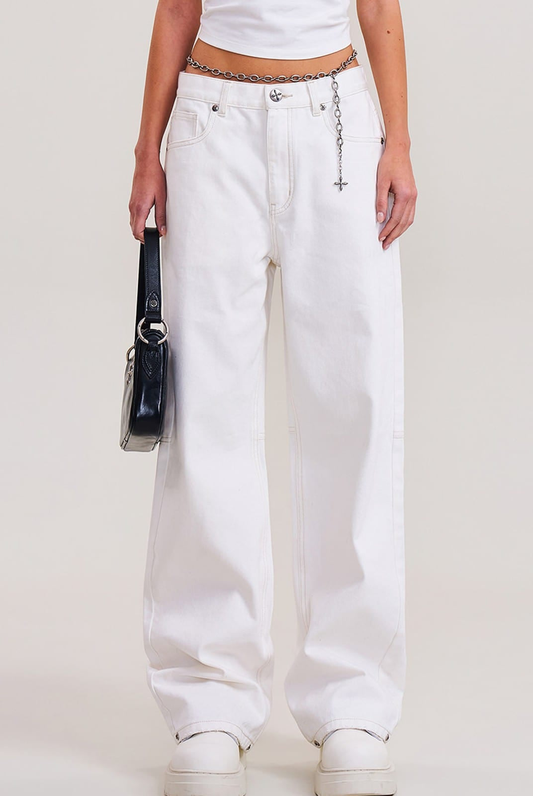SMFK Washed Wide Leg Denim Jeans in White - On Female Model