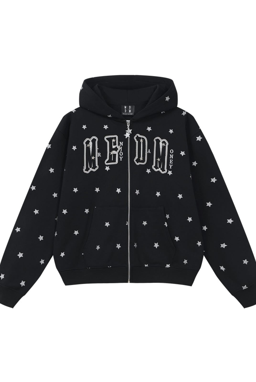 MEDM Fleece Lined Star Print Zip Hoodie in Black