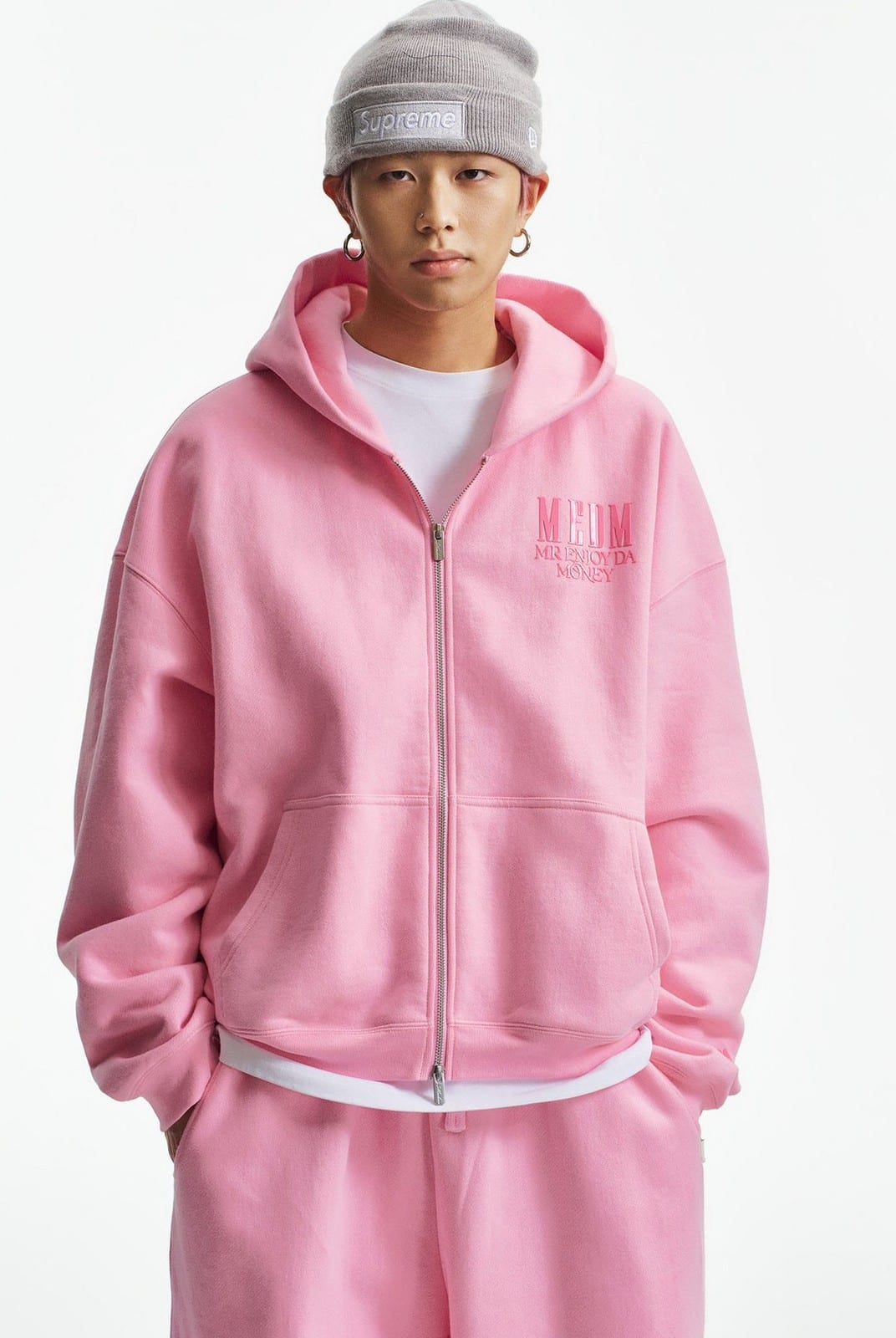 MEDM 3D Logo Two Way Zip Cotton Hoodie in Pink - On Male Model