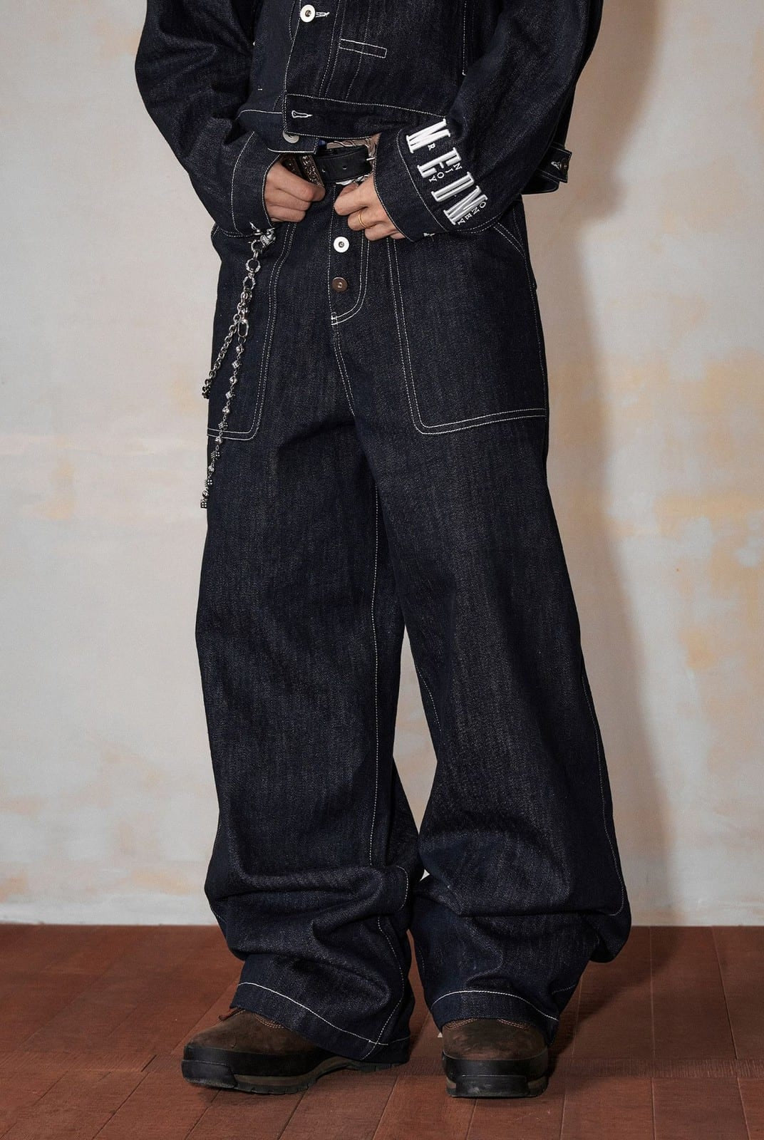 MEDM Contrast Stitch Raw Denim Jeans in Blue - On Model