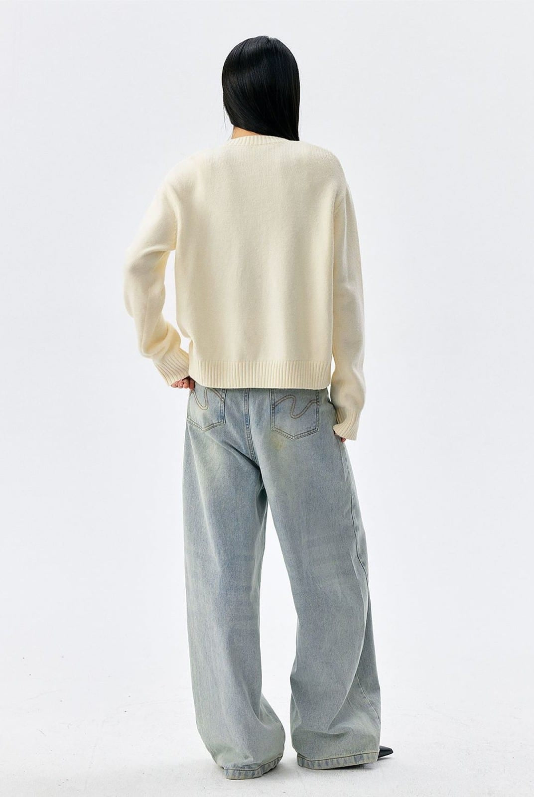 MEDM Floral Embroidered Knit Cardigan in Cream - On Model