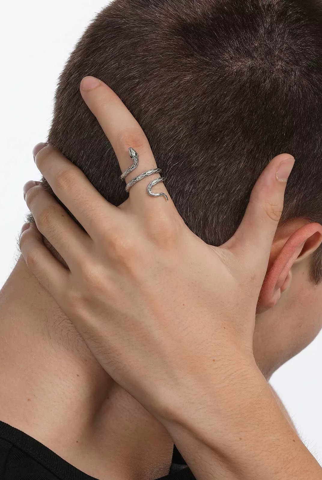 BLACKHEAD Titanium Steel Coiled Snake Ring in Silver - On Male Model