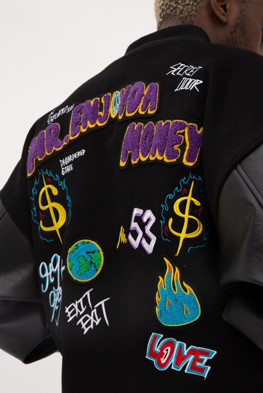 MEDM Wool Blend Varsity Jacket in Black - On Male Model
