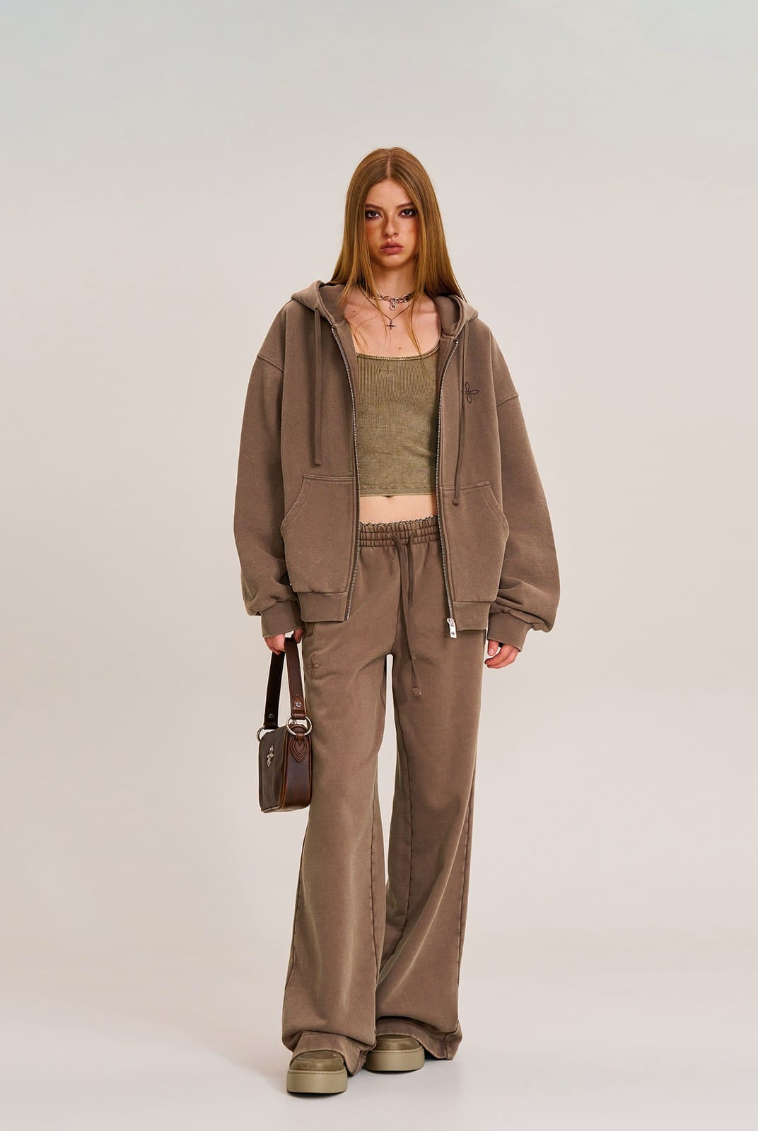 SMFK Cross Embroidered Zip Up Hoodie in Brown - On Female Model