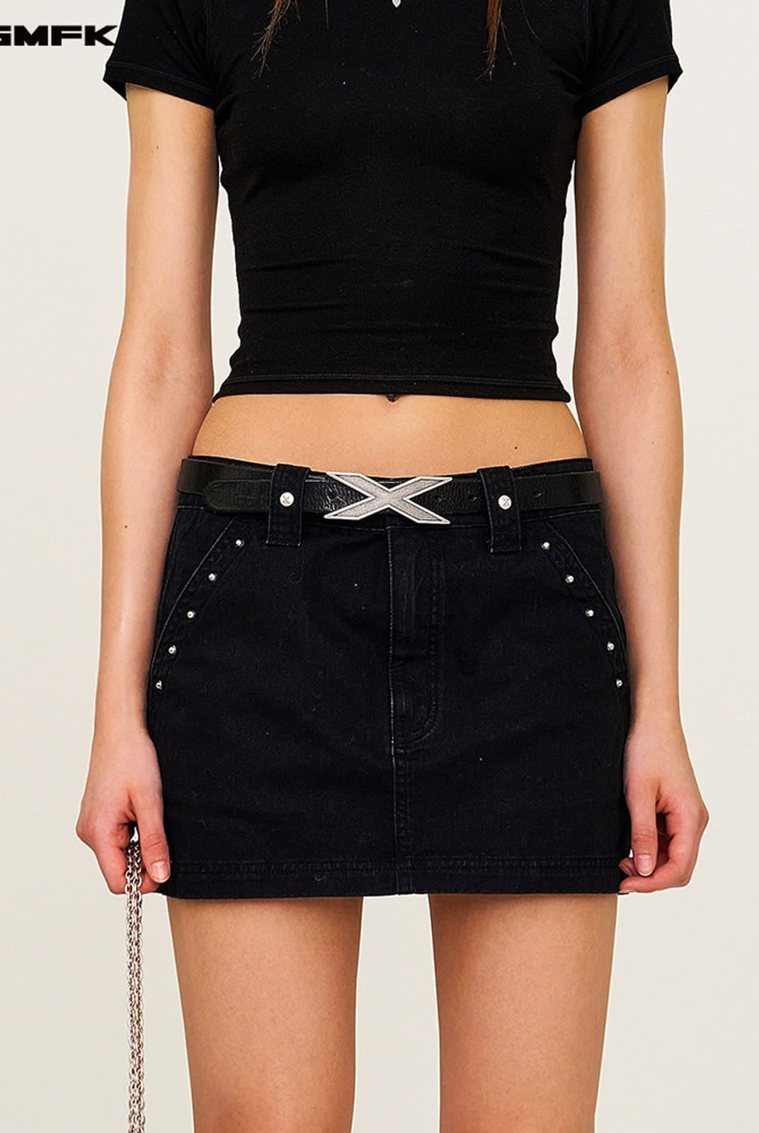 SMFK Studded Cotton Miniskirt in Black - On Female Model