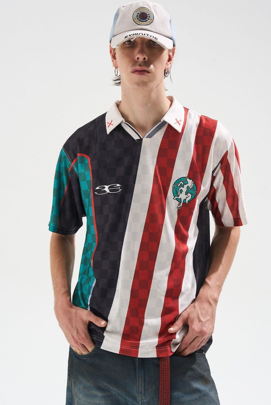 BLINDNOPLAN Digital Print Color Block Jersey Polo in Black - On Male Model