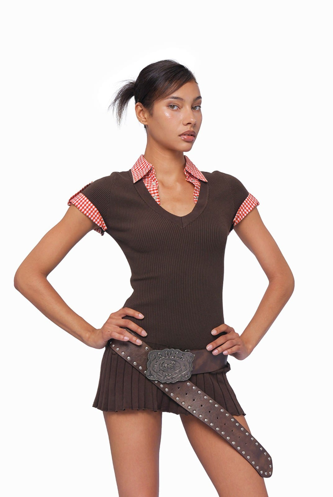 SweetChilling Mock Two Piece Cotton Dress with Belt in Black - On Female Model