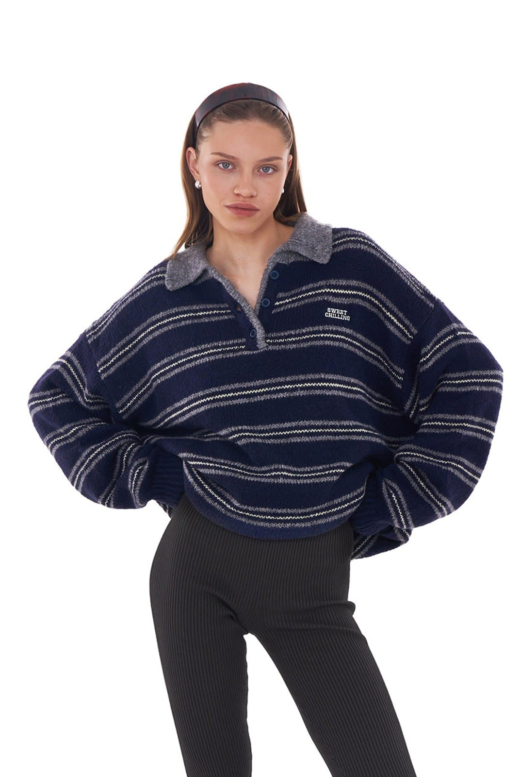 SweetChilling Striped Lambswool Blend Polo Sweater in Navy Blue - On Female Model