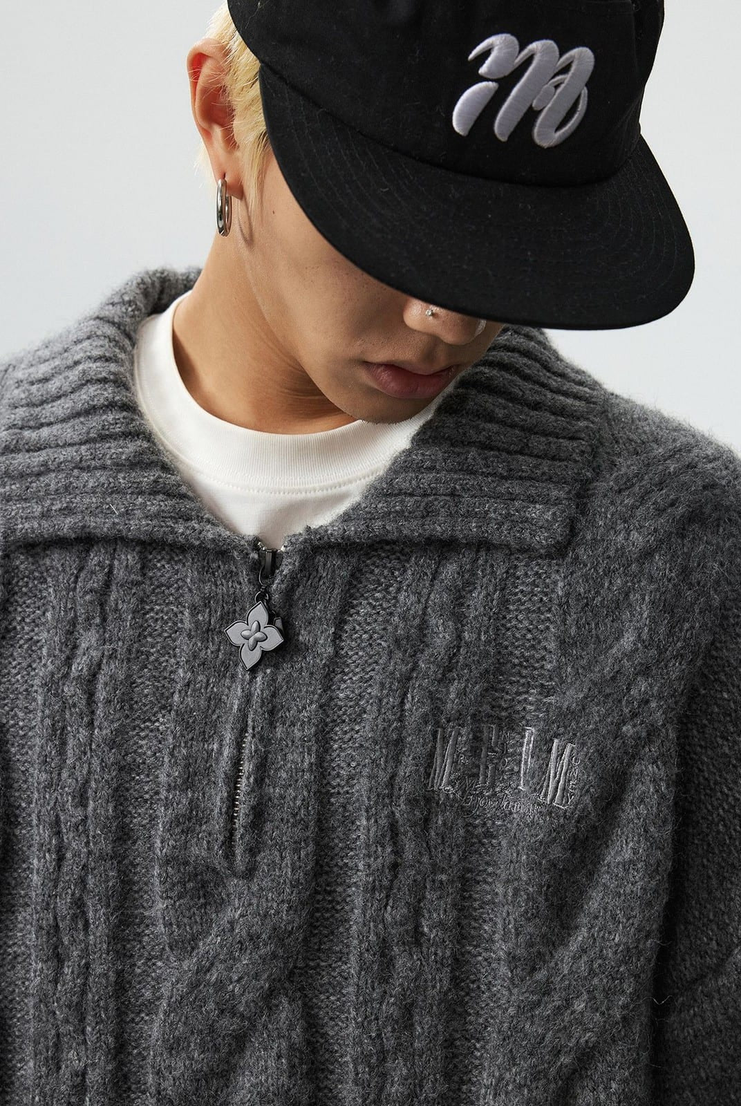 MEDM Cable Knit Quarter Zip Sweater in Gray - On Male Model