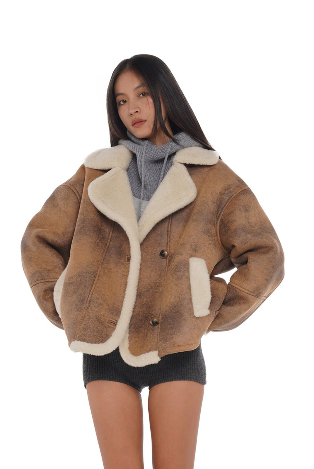 SweetChilling Vintage Faux Shearling Cropped Jacket in Brown - On Female Model