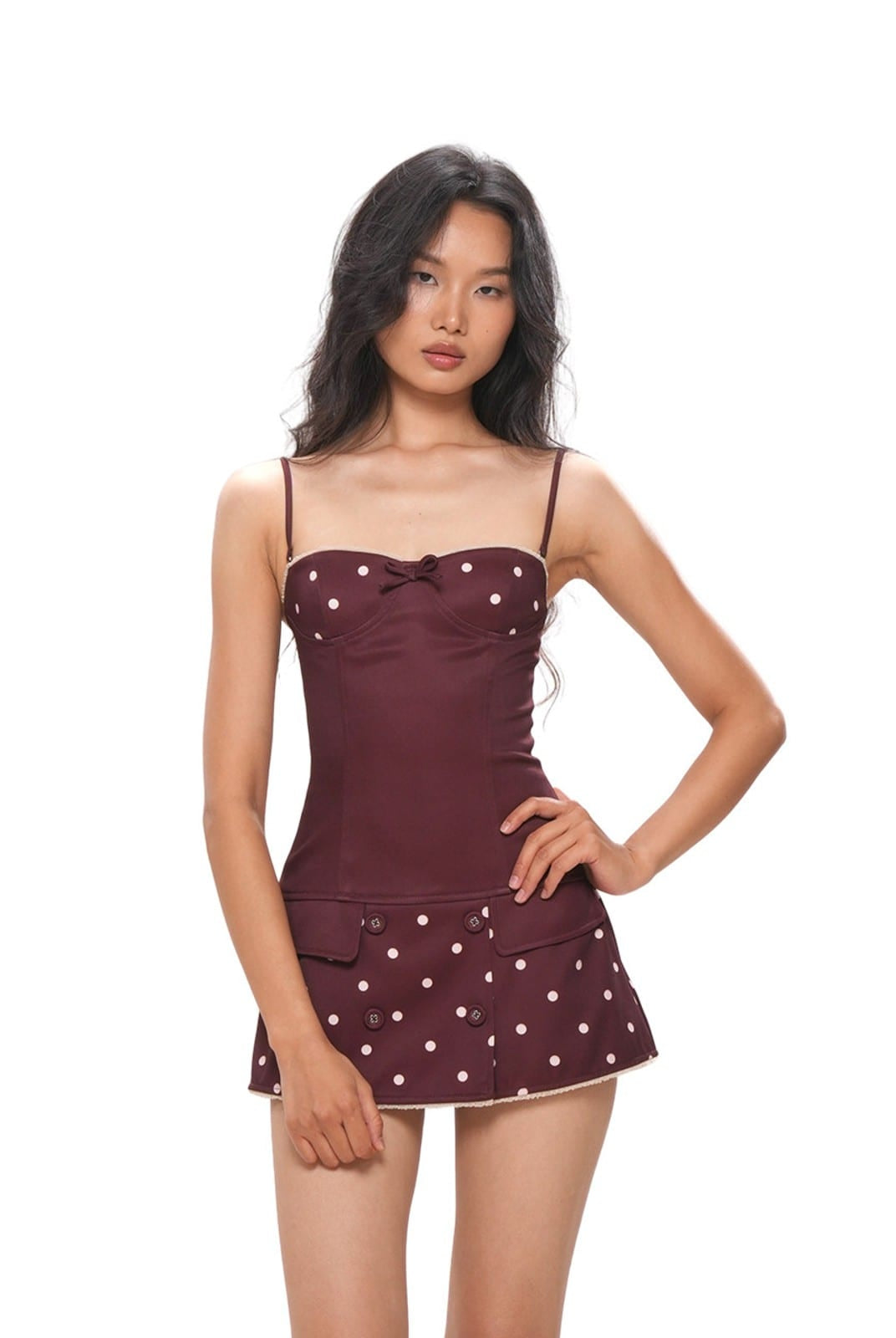 SweetChilling Polka Dot Bustier Mini Dress in Brown - On Female Model
