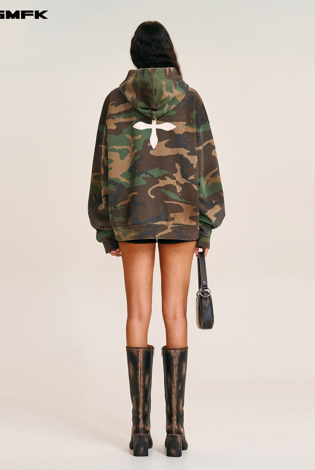 SMFK Vintage Camouflage Cotton Hoodie in Olive - On Female Model