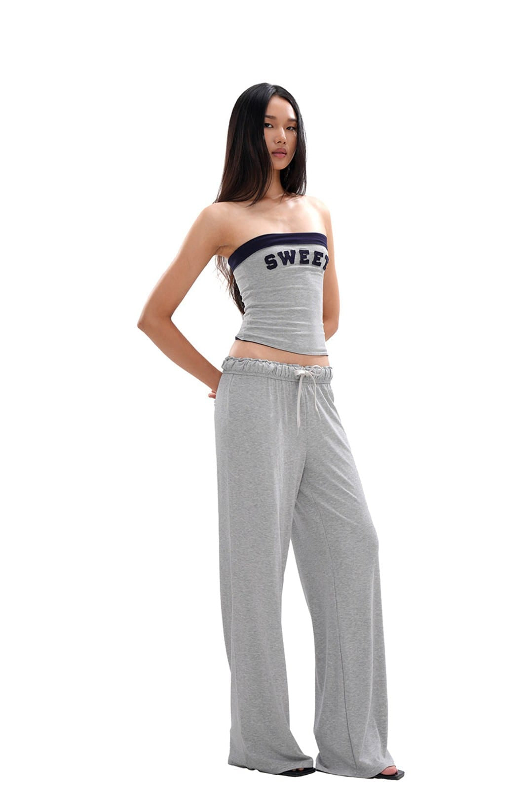 SweetChilling Applique Contrast Trim Bandeau Top in Gray - On Female Model
