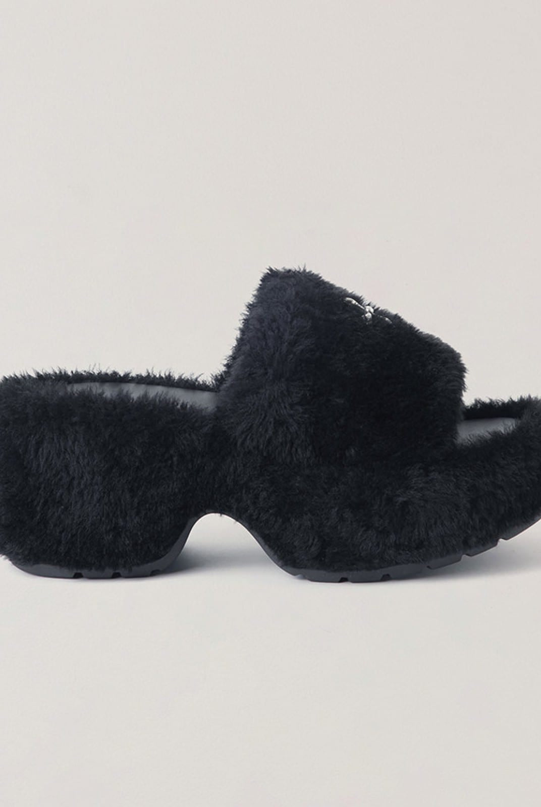 SMFK Cross Hardware Shearling High Heel Mules in Black