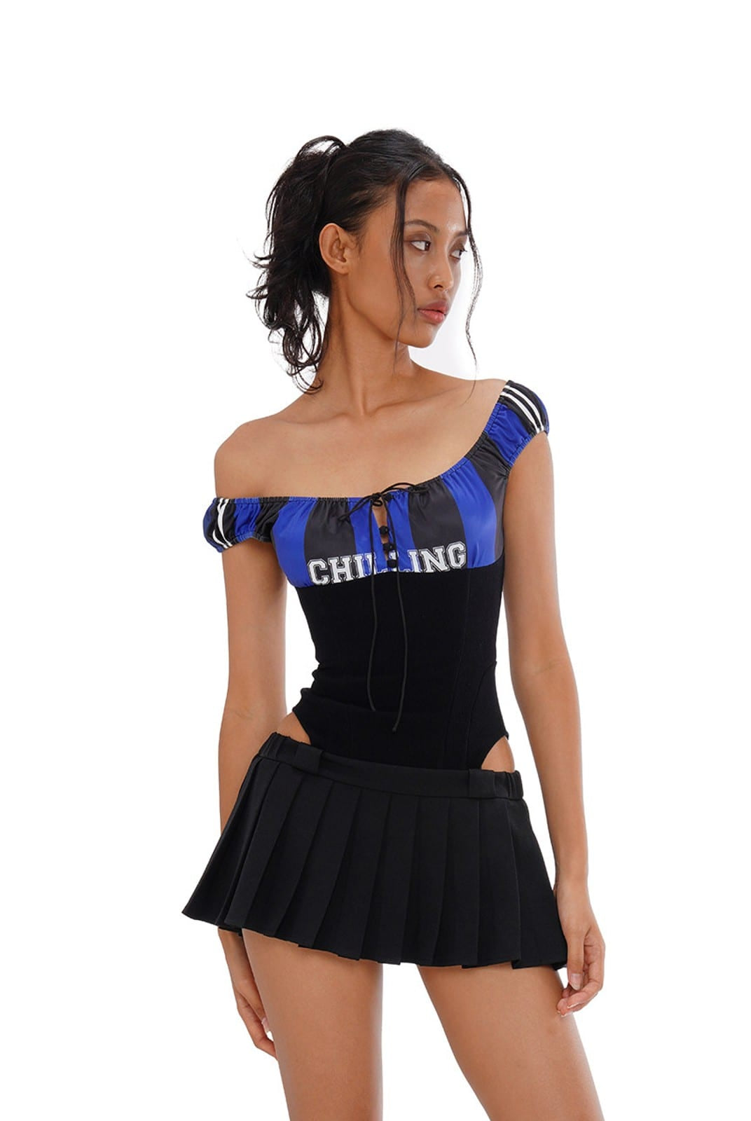 SweetChilling Sporty Paneled Cutout Pleated Mini Dress in Black - On Female Model