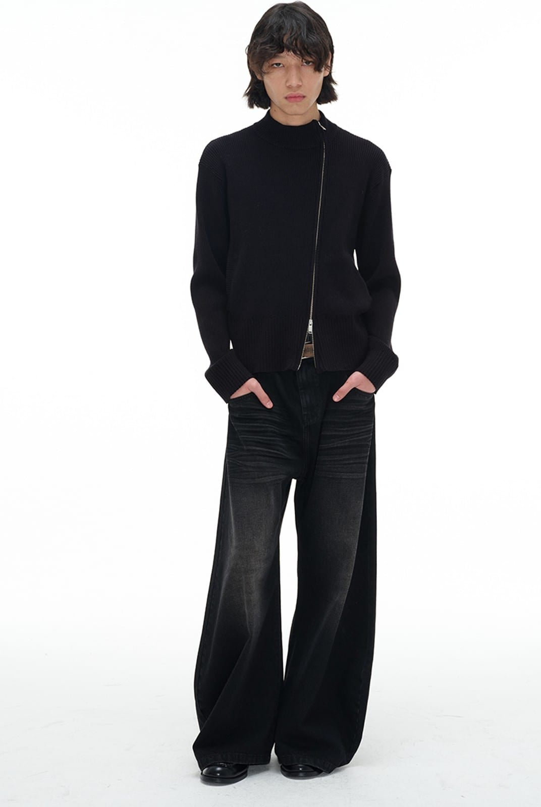 JCAESAR STUDIO Two Way Diagonal Zip Ribbed Sweater in Black - On Male Model