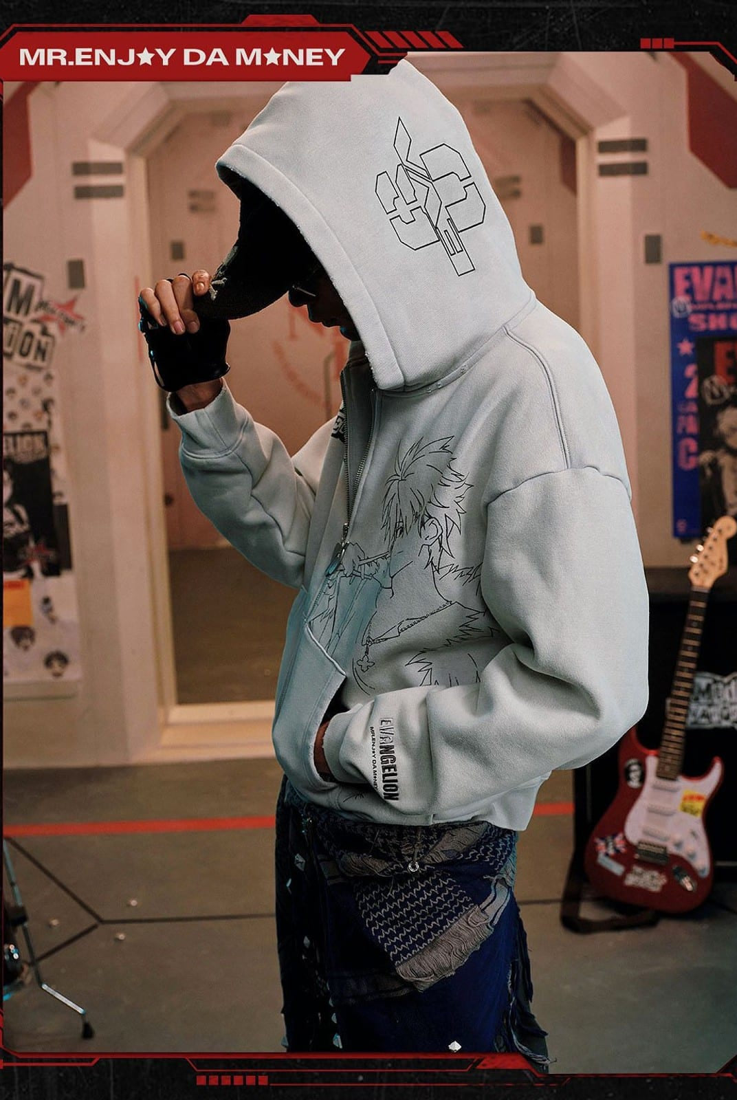 MEDM Evangelion Distressed Zip Up Hoodie in Gray - On Model