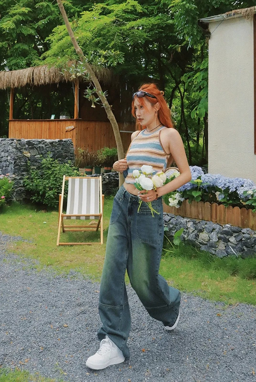 BeerBro Vintage Wash Straight Leg Jeans in Blue - On Female Model