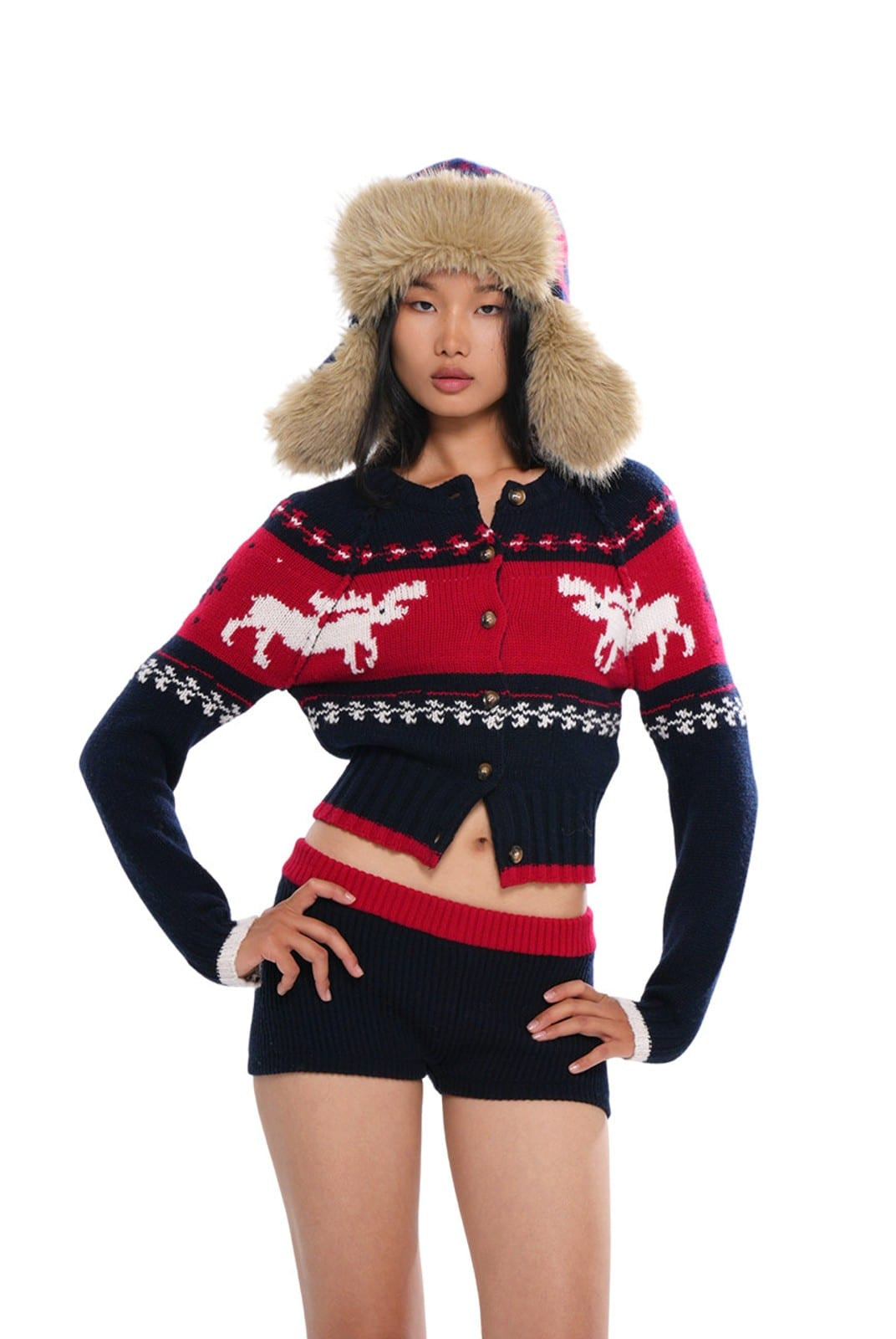 SweetChilling Wool Blend Jacquard Trapper Hat in Navy Blue - On Female Model