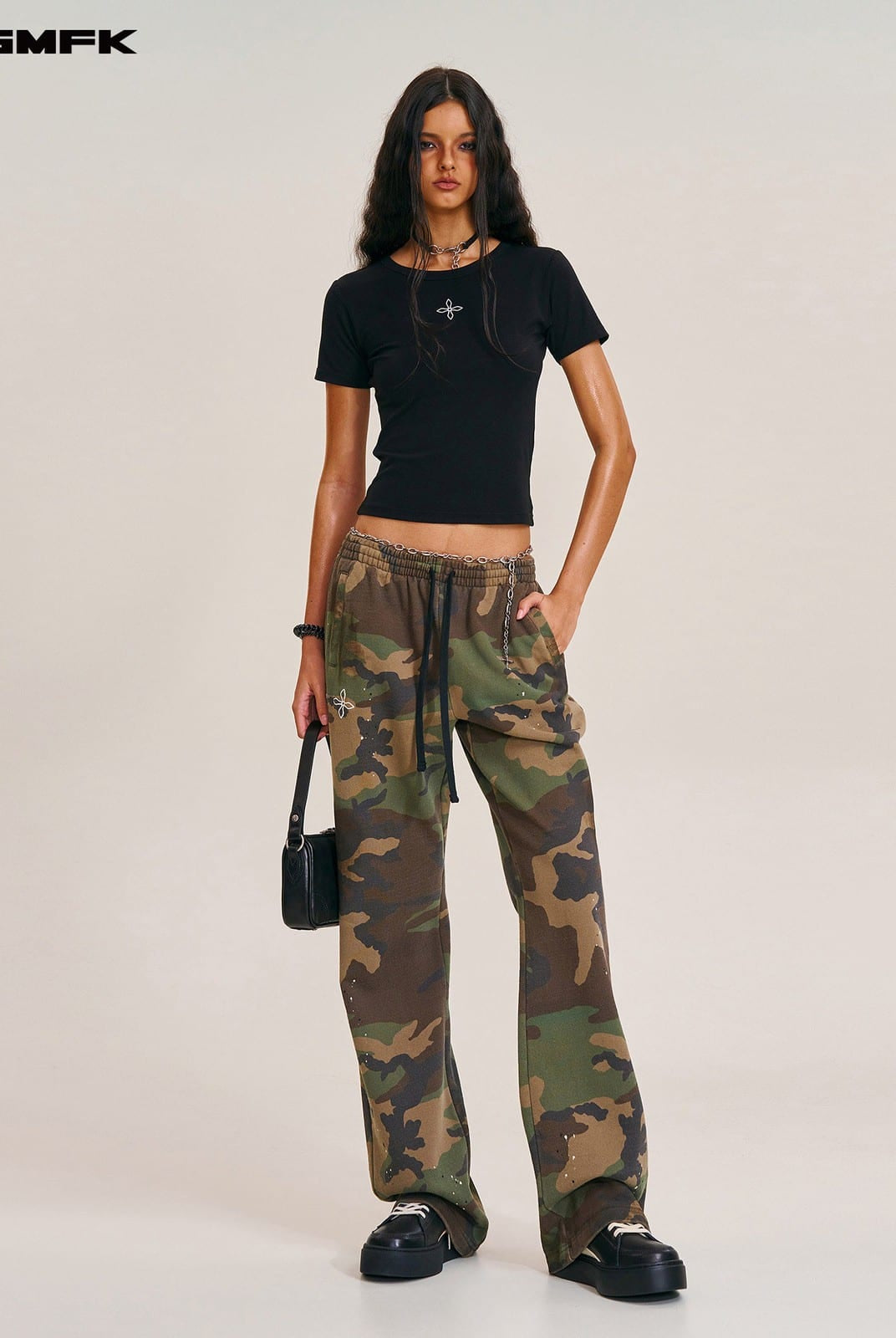 SMFK Acetate Blend Cross Graphic T Shirt in Black - On Female Model